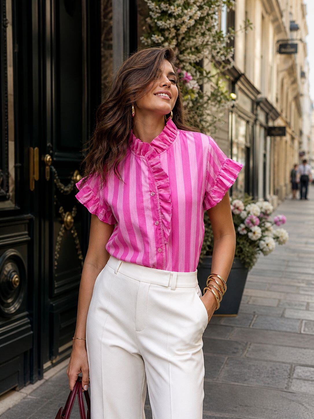 Col Ruffle Striped ruffled high-collar shirt | Paris Fashion Shops