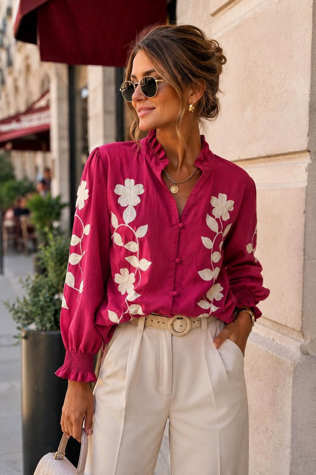 Grossiste Emma & Ashley design - Chemisier Femme Brodé Fleuri – Col Volant – Manches Longues – Coupe Fluide – Pré Automne-Hiver