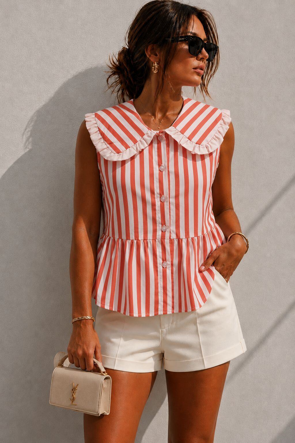 Mayorista Emma & Ashley design - Blusa de Mujer Sin Mangas a Rayas – Cuello Peter Pan con Volantes