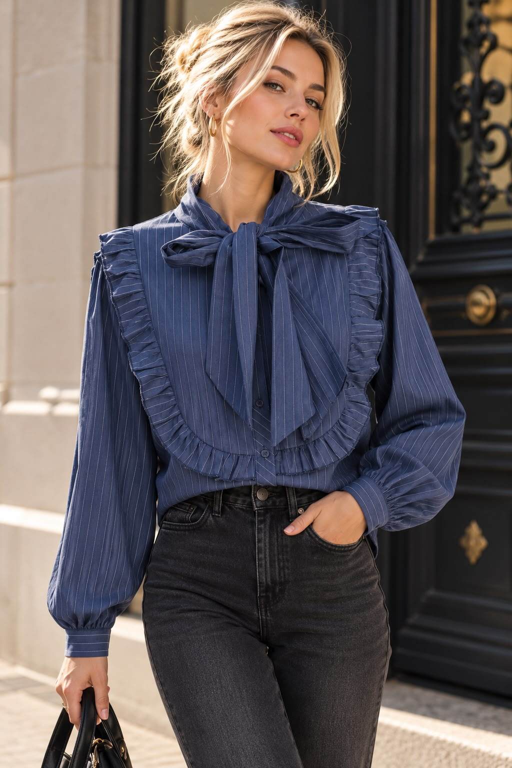 Grossiste Emma & Ashley design - Chemise Femme Marron à Rayures Fines avec Grand Nœud Lavallière et Volants – Manches Bouffantes, Chic et Tendance