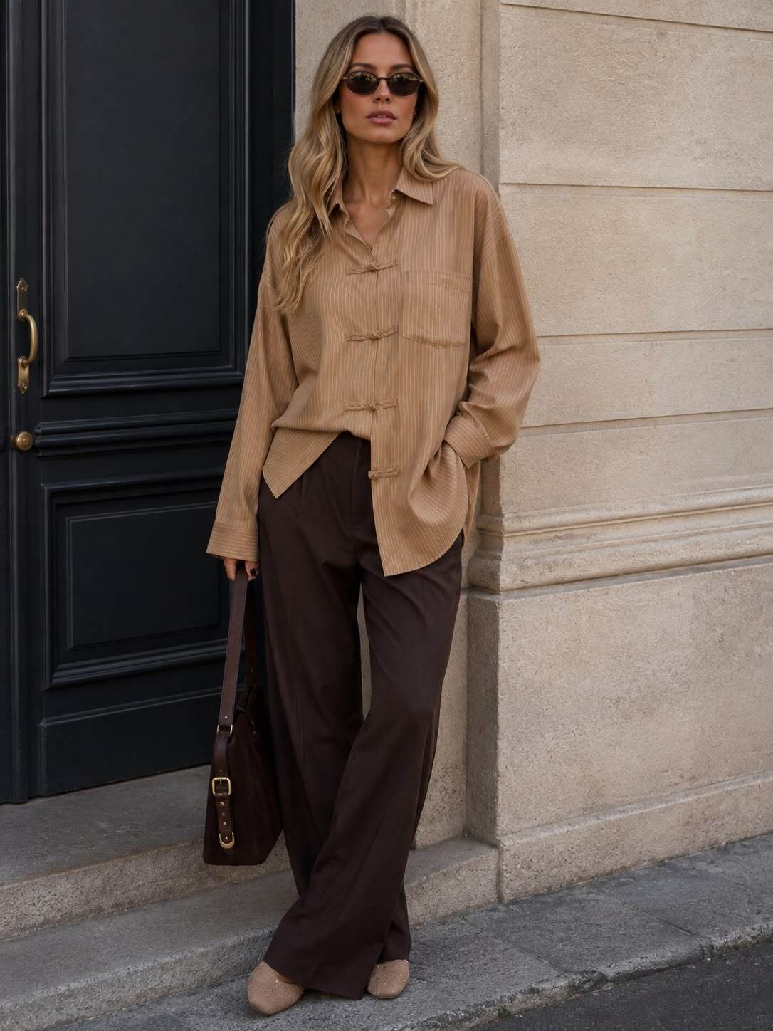 Grossiste Emma & Ashley design - Chemise Femme Oversize à Fines Rayures – Fermetures Brandebourg & Poche Poitrine – Coupe Ample Chic