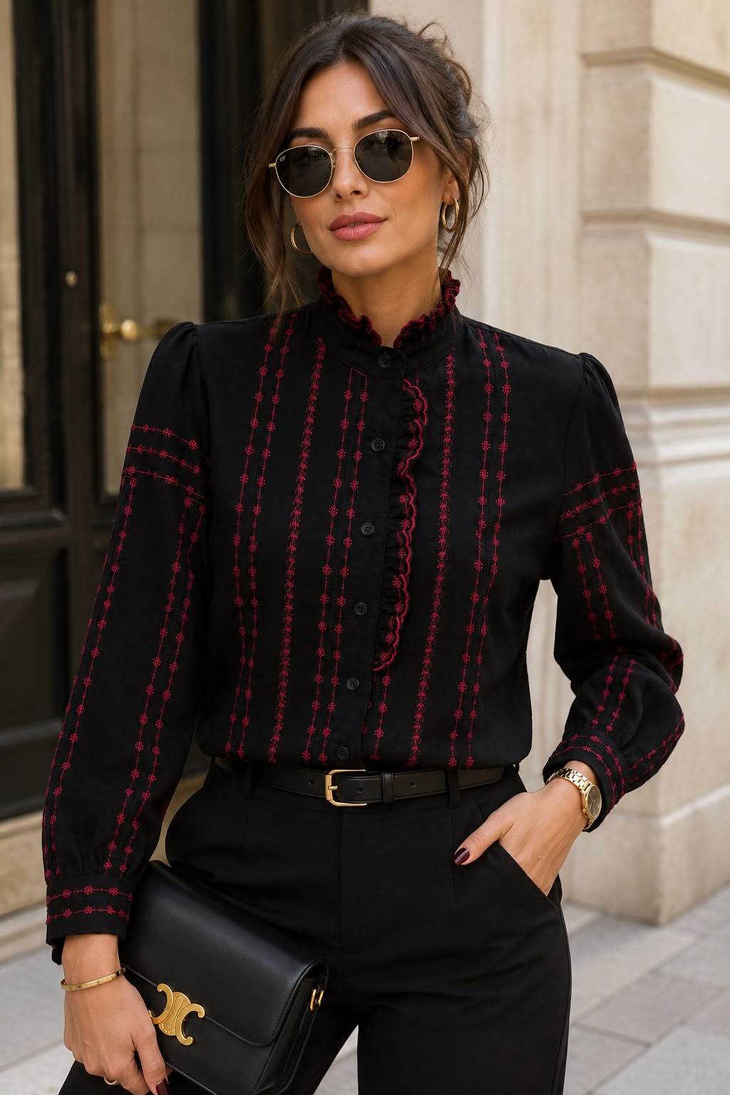 Grossista Emma & Ashley design - Camicia Donna Ricamata – Collo Alto con Volant | Maniche Lunghe a Palloncino | Stile Elegante | Pre Autunno-Inverno