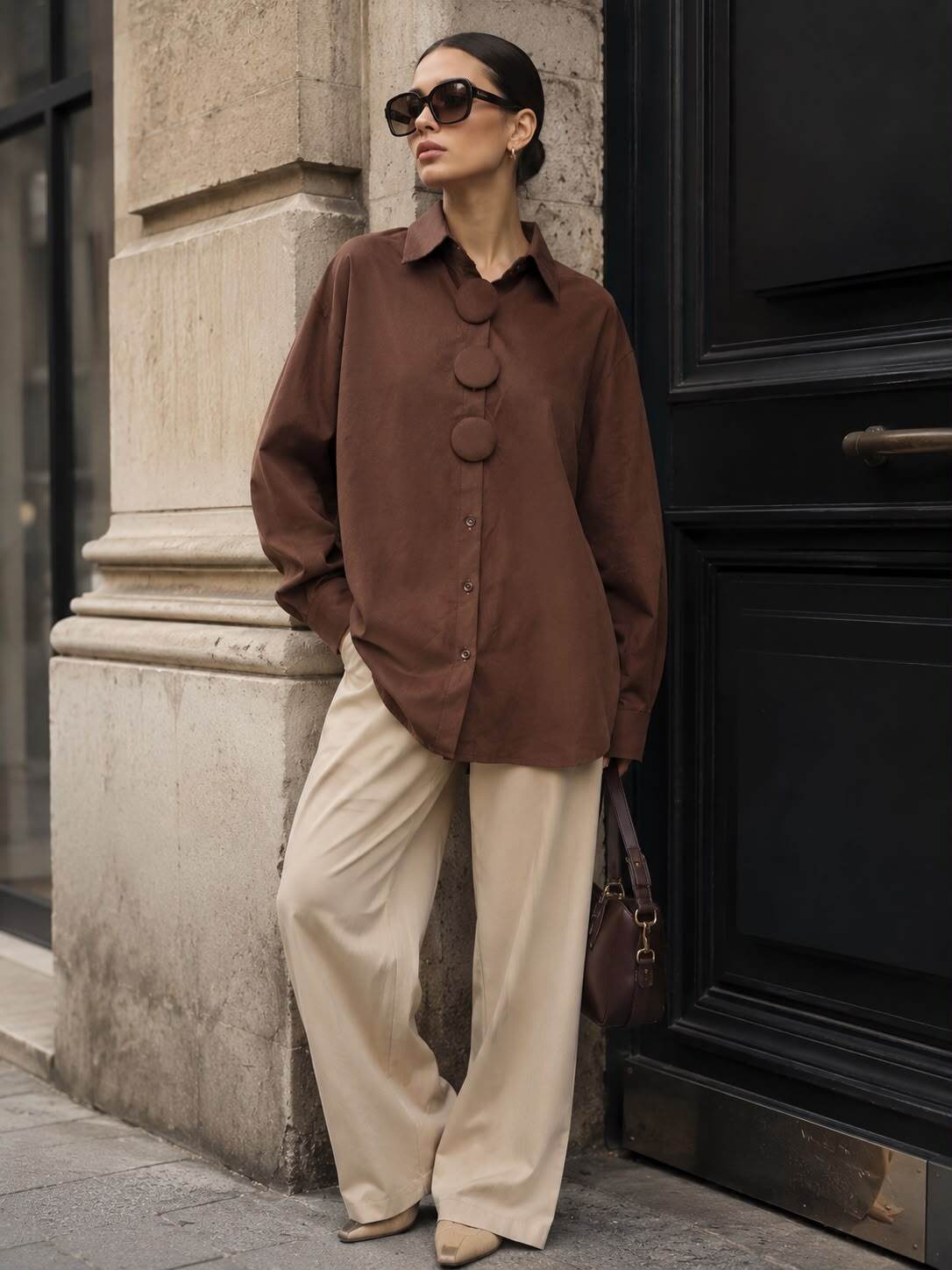 Großhändler Emma & Ashley design - Braunes Oversize-Hemd mit Maxi-bedeckten Knöpfen – Minimalistischer Chic