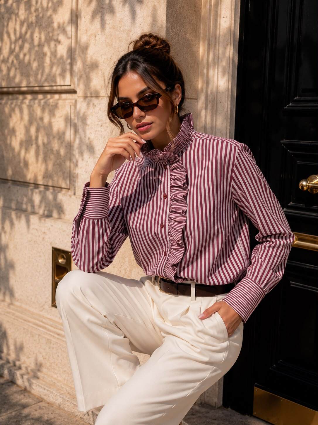 Grossiste Emma & Ashley design - Chemise Élégante à Rayures avec Col Montant Volant et Volants Frontaux – Manches Longues Poignets Évasés Chic Femme