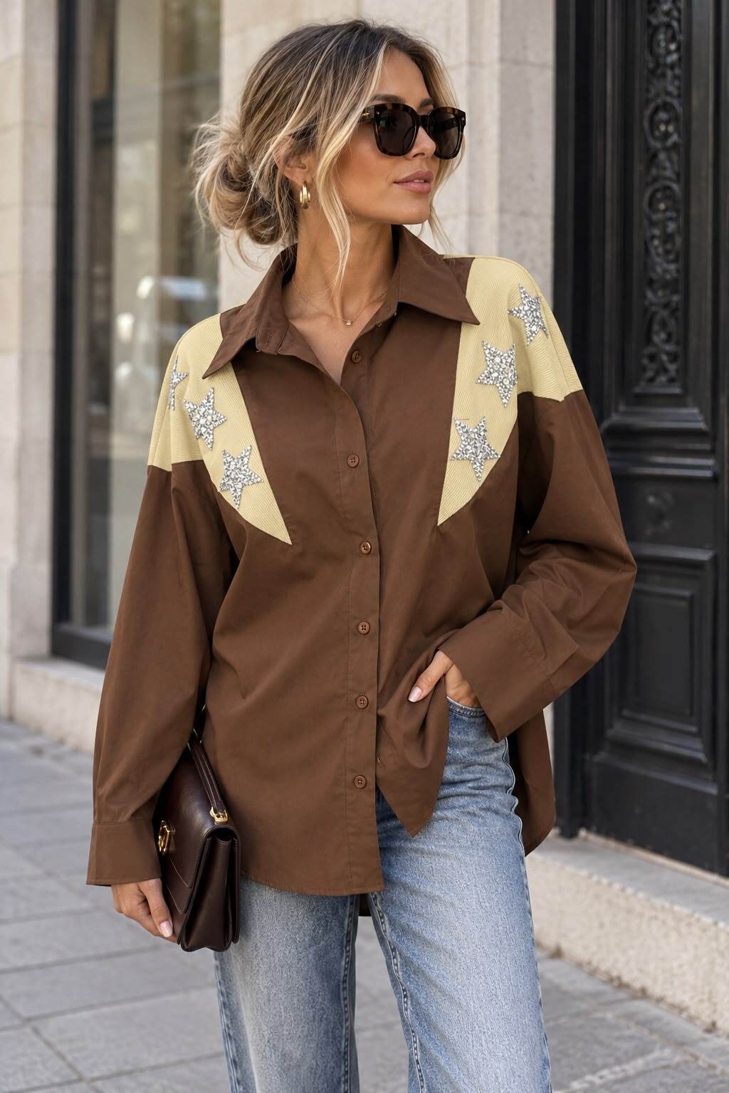 Grossiste Emma & Ashley design - Chemise Femme Oversize à Étoiles Scintillantes en Strass – Style Western Chic et Tendance