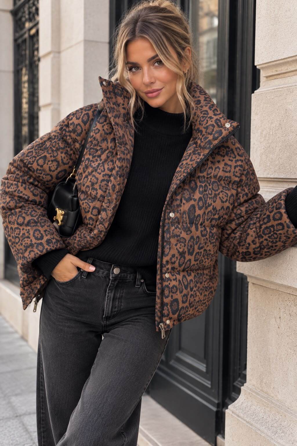 Grossiste Emma & Ashley design - Doudoune Femme Courte Léopard Oversize – Col Montant XXL, Effet Matelassé & Style Fashion Chic