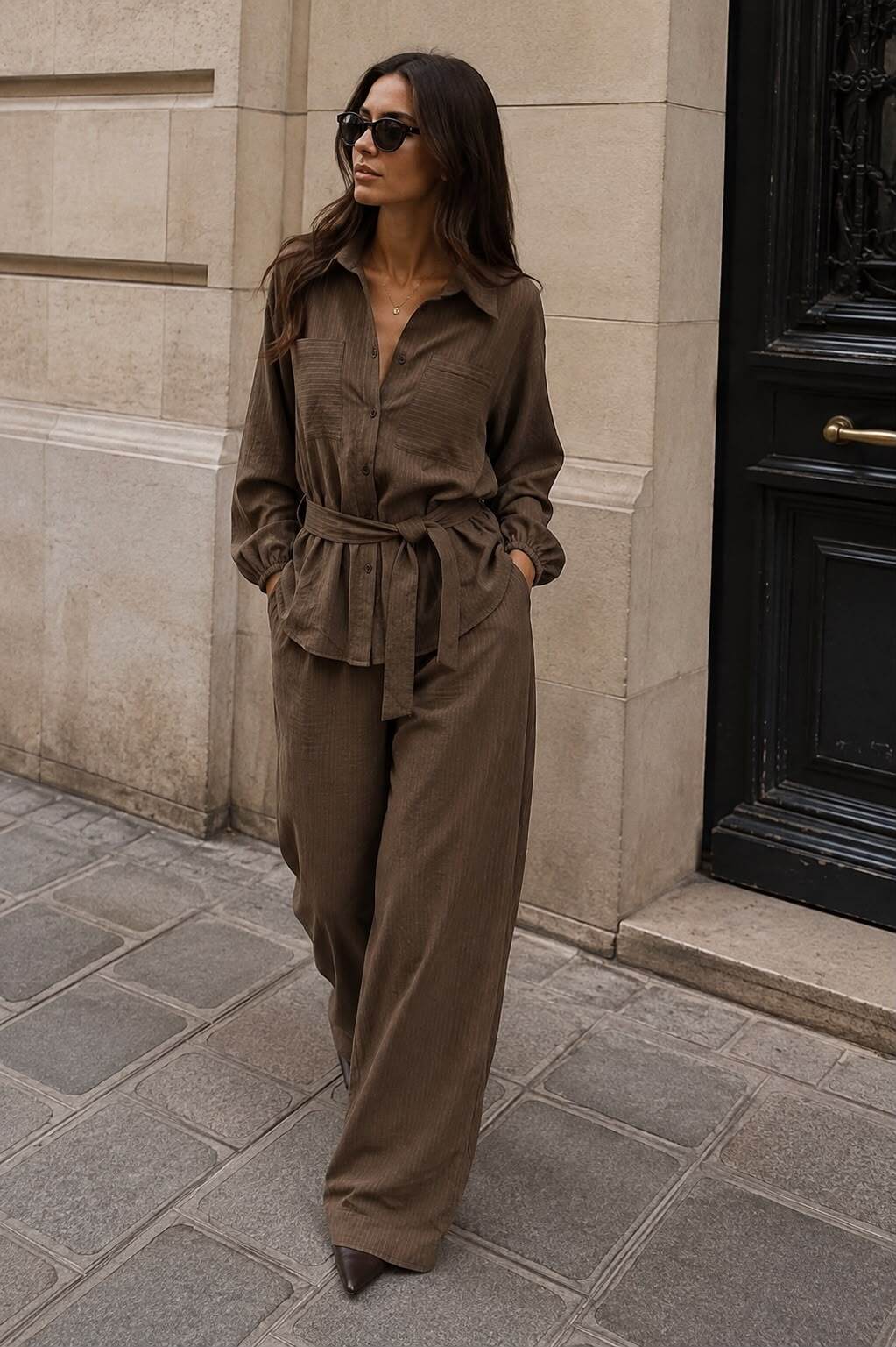 Grossiste Emma & Ashley design - Ensemble Femme Chemise Ceinturée & Pantalon Large Fluide – Look Chic Décontracté
