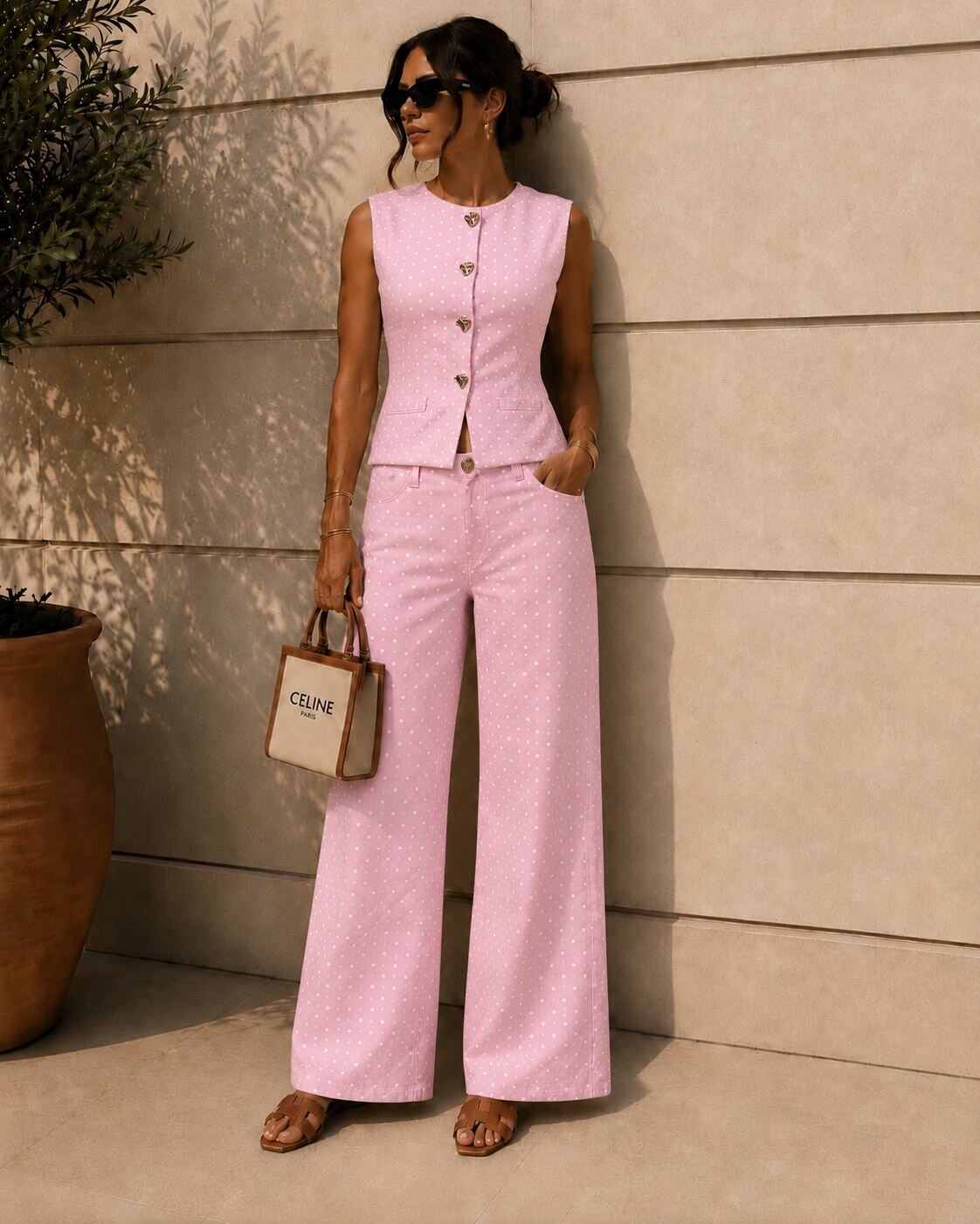 Mayorista Emma & Ashley design - Conjunto de Mujer en Denim de Lunares – Chaleco Sin Mangas & Pantalón Ancho – Botones de Corazón – Estilo Chic