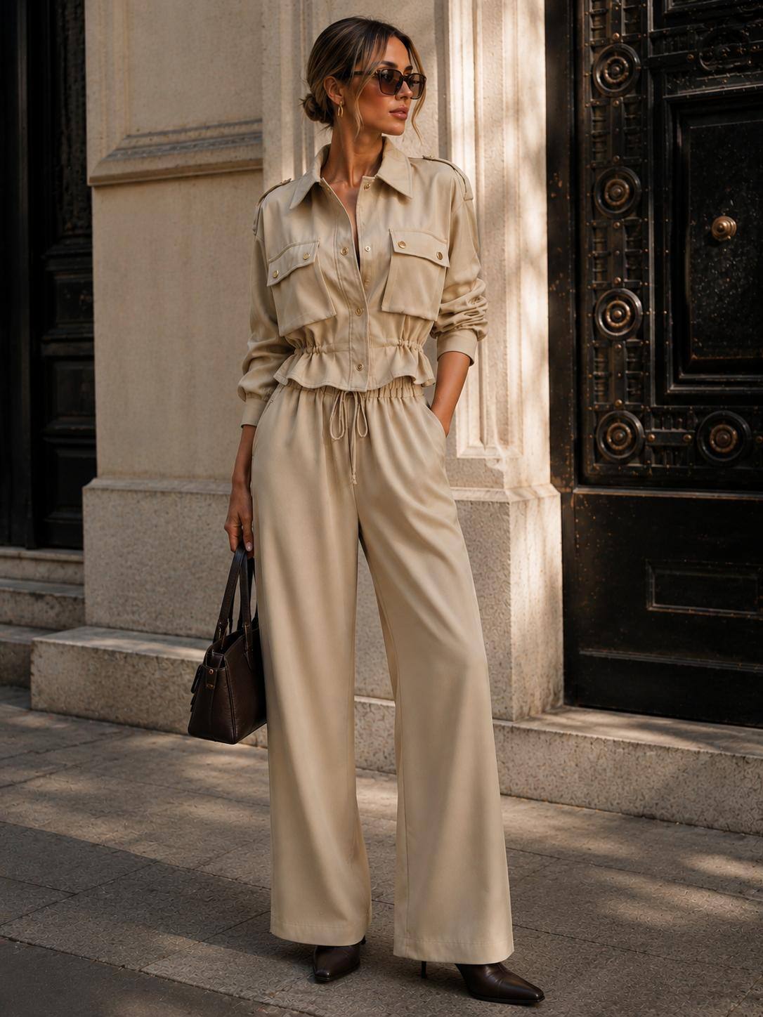 Mayorista Emma & Ashley design - Conjunto de 2 Piezas Estilo Safari – Camisa Entallada y Pantalón Ancho Chic y a la Moda
