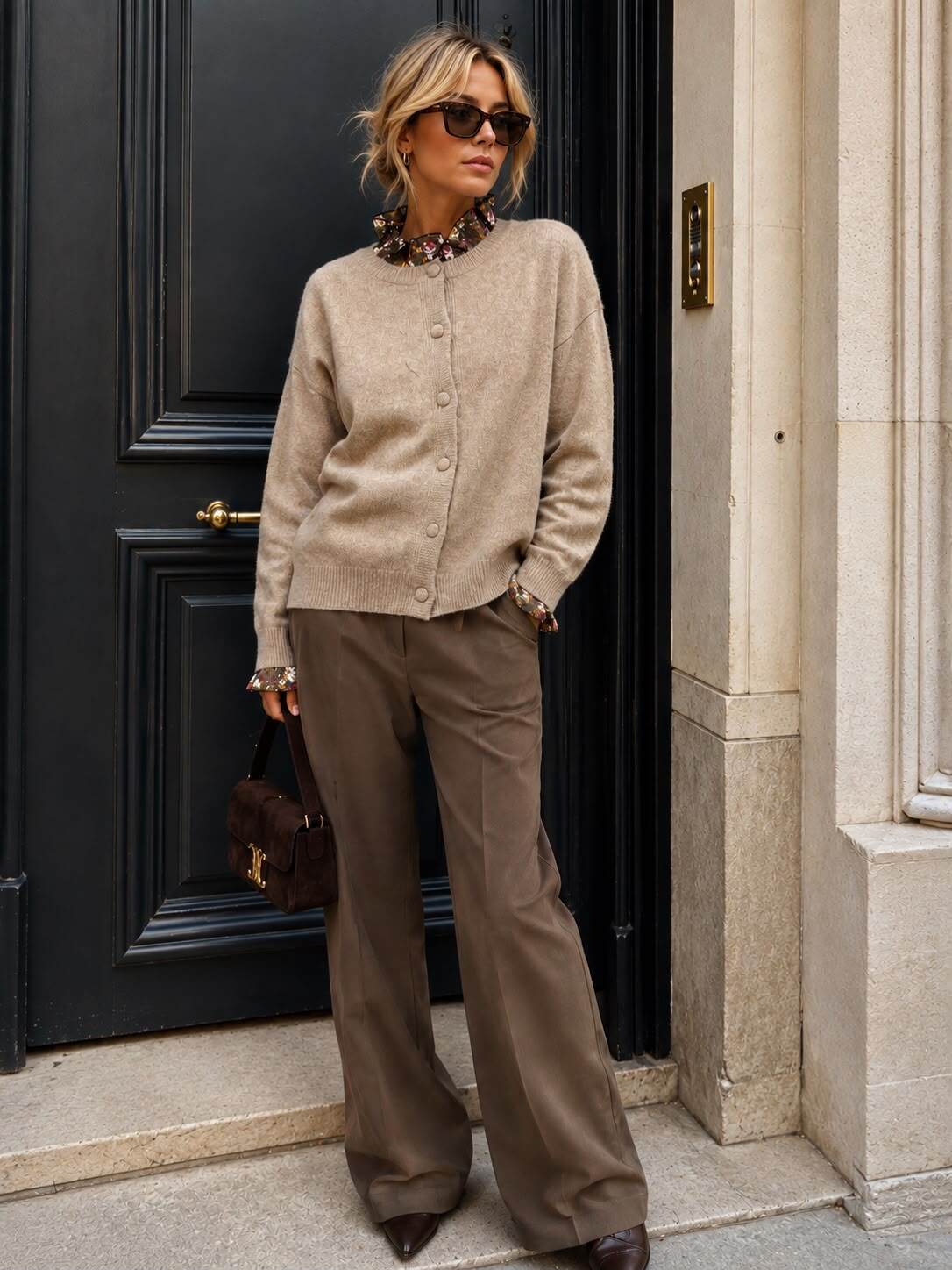 Grossiste Emma & Ashley design - GILET EN MAILLE BOUTONNÉ AVEC COL VOLANTÉ IMPRIMÉ – LE CARDIGAN FÉMININ