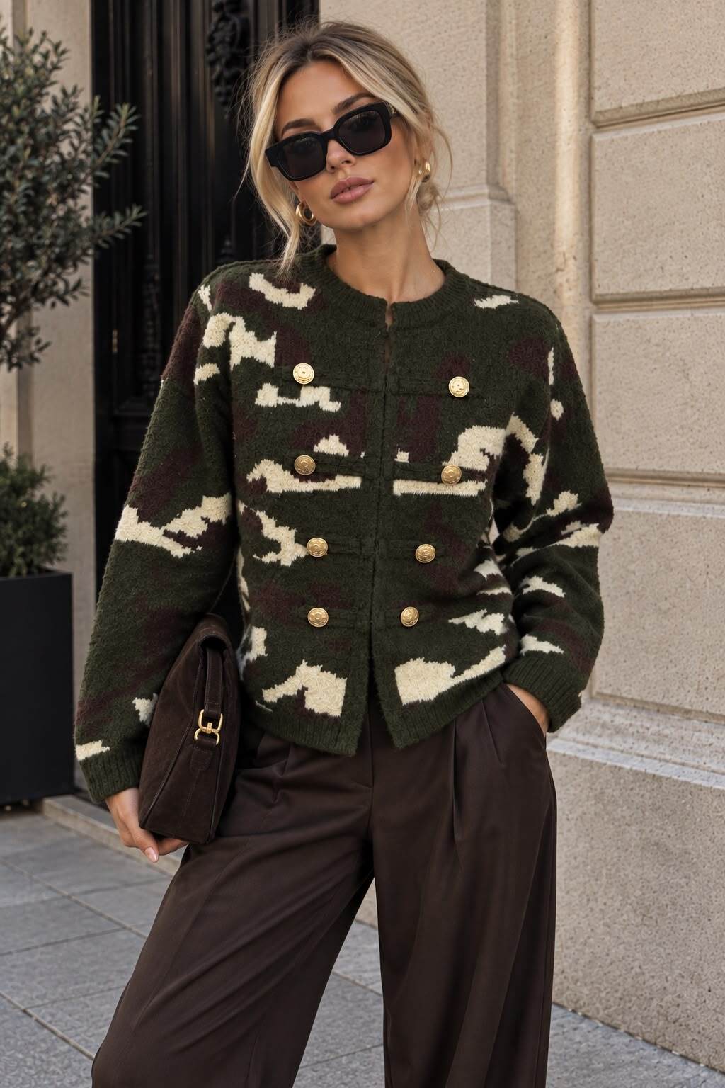 Grossiste Emma & Ashley design - Gilet Femme en Maille Motif Camouflage – Double Rangée de Boutons Dorés