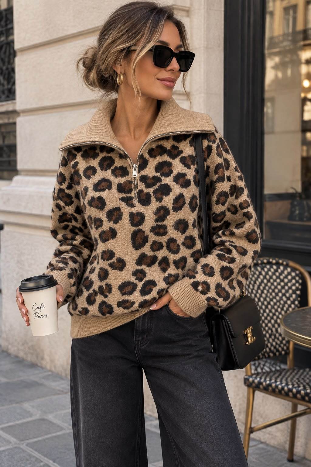 Grossiste Emma & Ashley design - Pull Femme en Maille Léopard à Col Camionneur Zippé – Coupe Décontractée