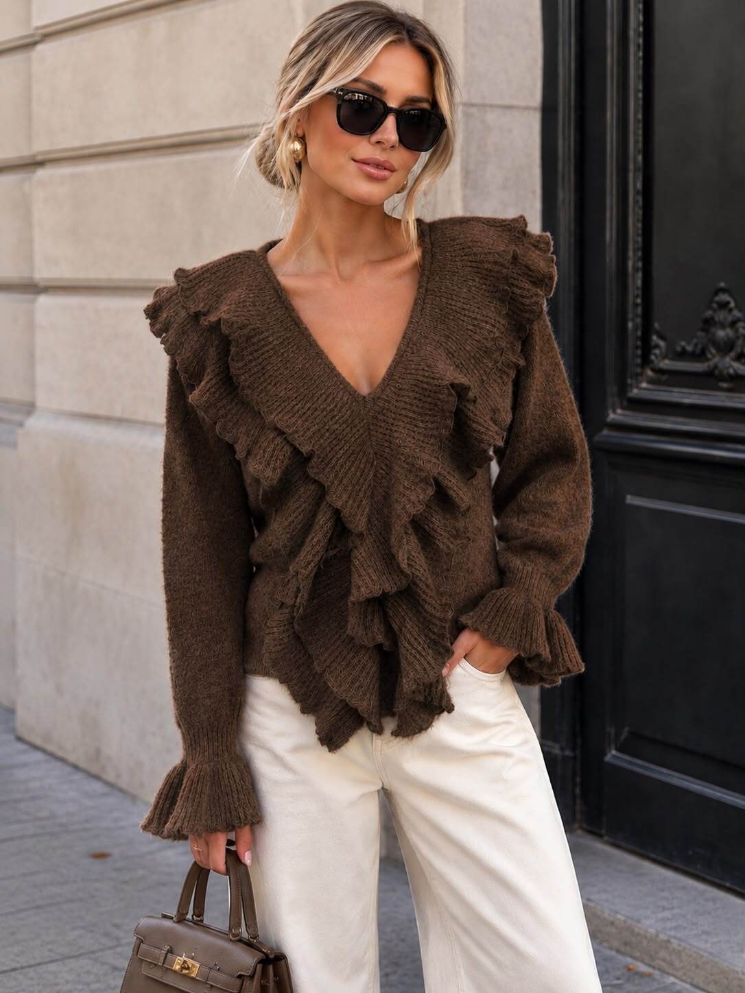 Grossista Emma & Ashley design - Maglione Romantico da Donna con Volant – Scollo a V e Maniche Svasate