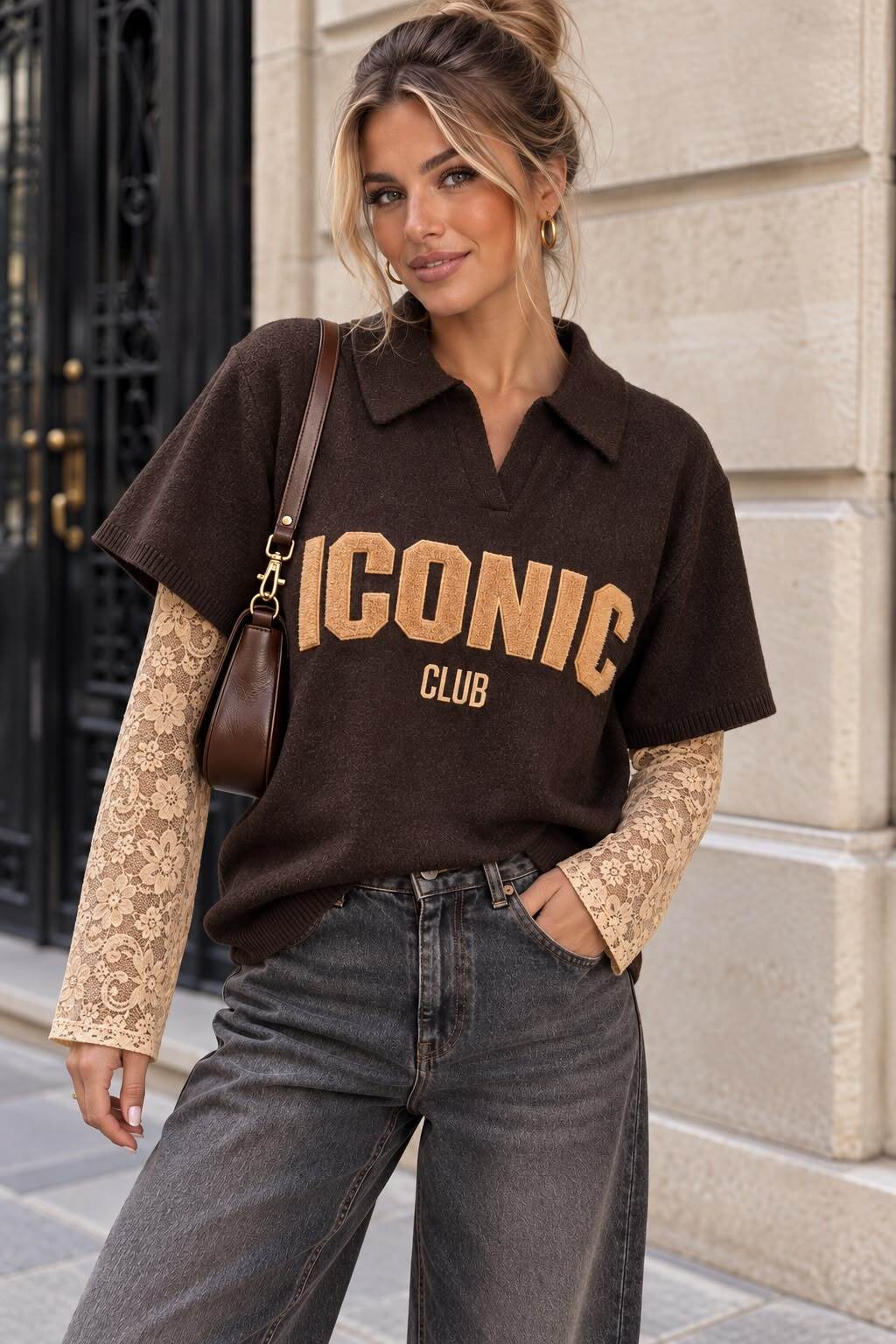 Grossiste Emma & Ashley design - Pull Polo Femme « ICONIC CLUB » à Manches Longues en Dentelle Florale – Effet Superposition & Coupe Oversize Chic