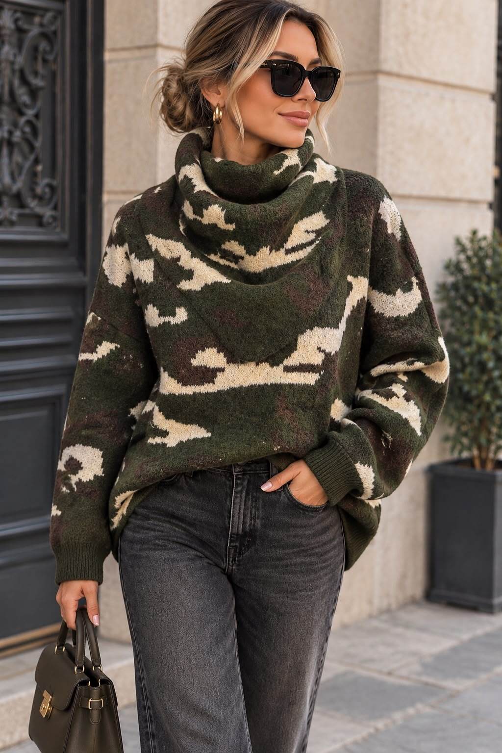 Grossiste Emma & Ashley design - Pull Femme Oversize en Maille à Motif Camouflage et Col Foulard Drapé