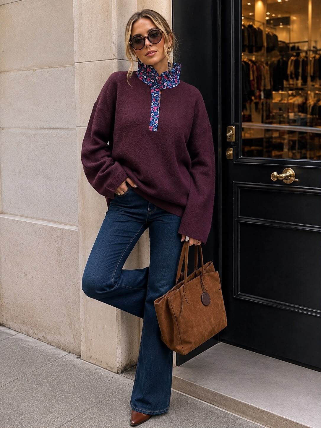 Grossiste Emma & Ashley design - PULL MAILLE OVERSIZE À COL VOLANTÉ IMPRIMÉ – LA MAILLE CHIC