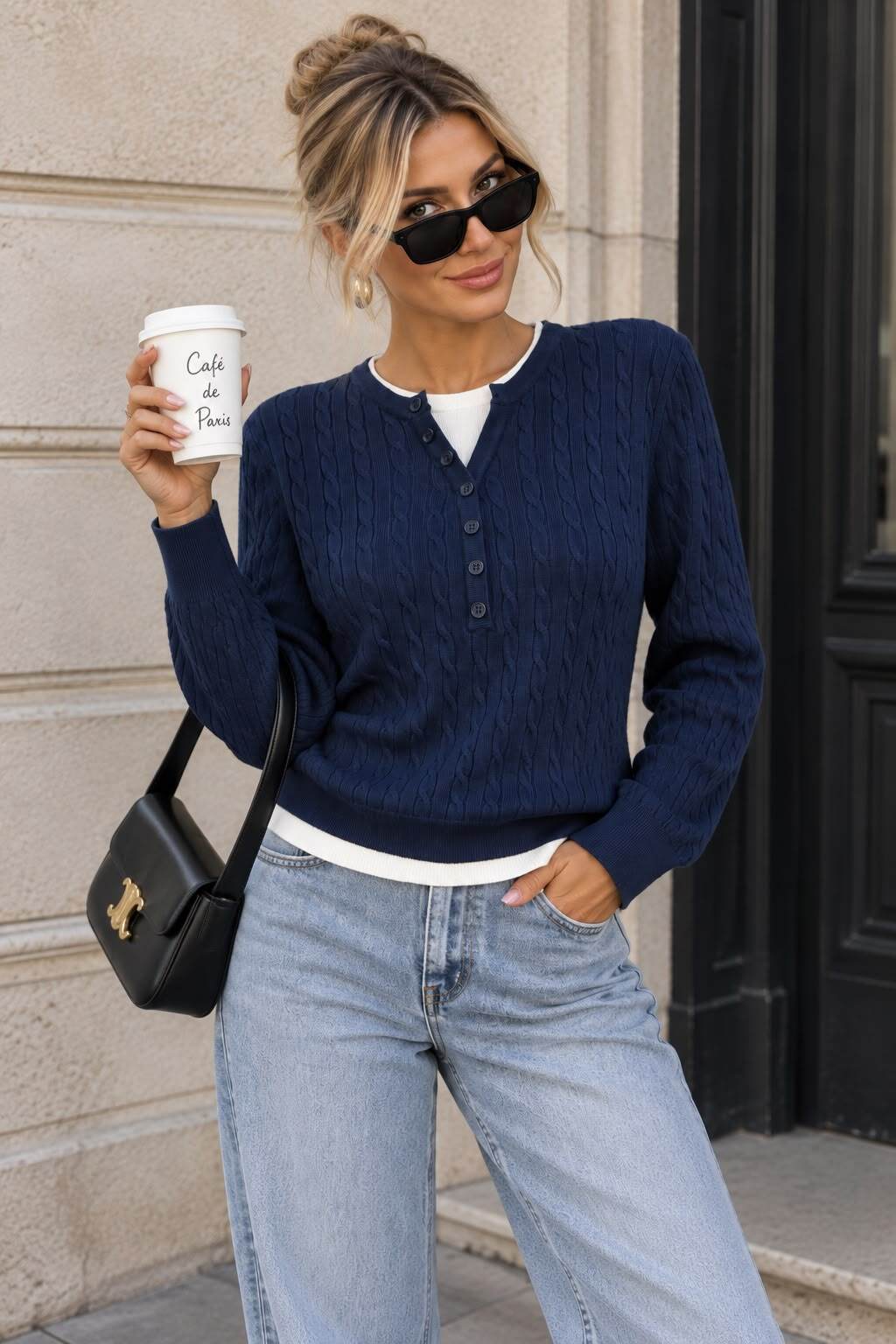 Großhändler Emma & Ashley design - Damen Zopfstrickpullover mit Knopfleiste und Lagenlook