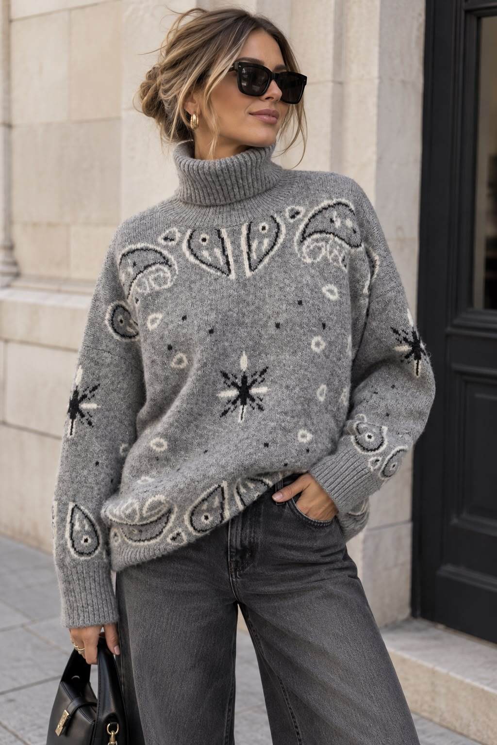 Grossiste Emma & Ashley design - Pull Oversize Femme à Col Roulé – Motif Bandana, Maille Douce et Look Bohème Chic