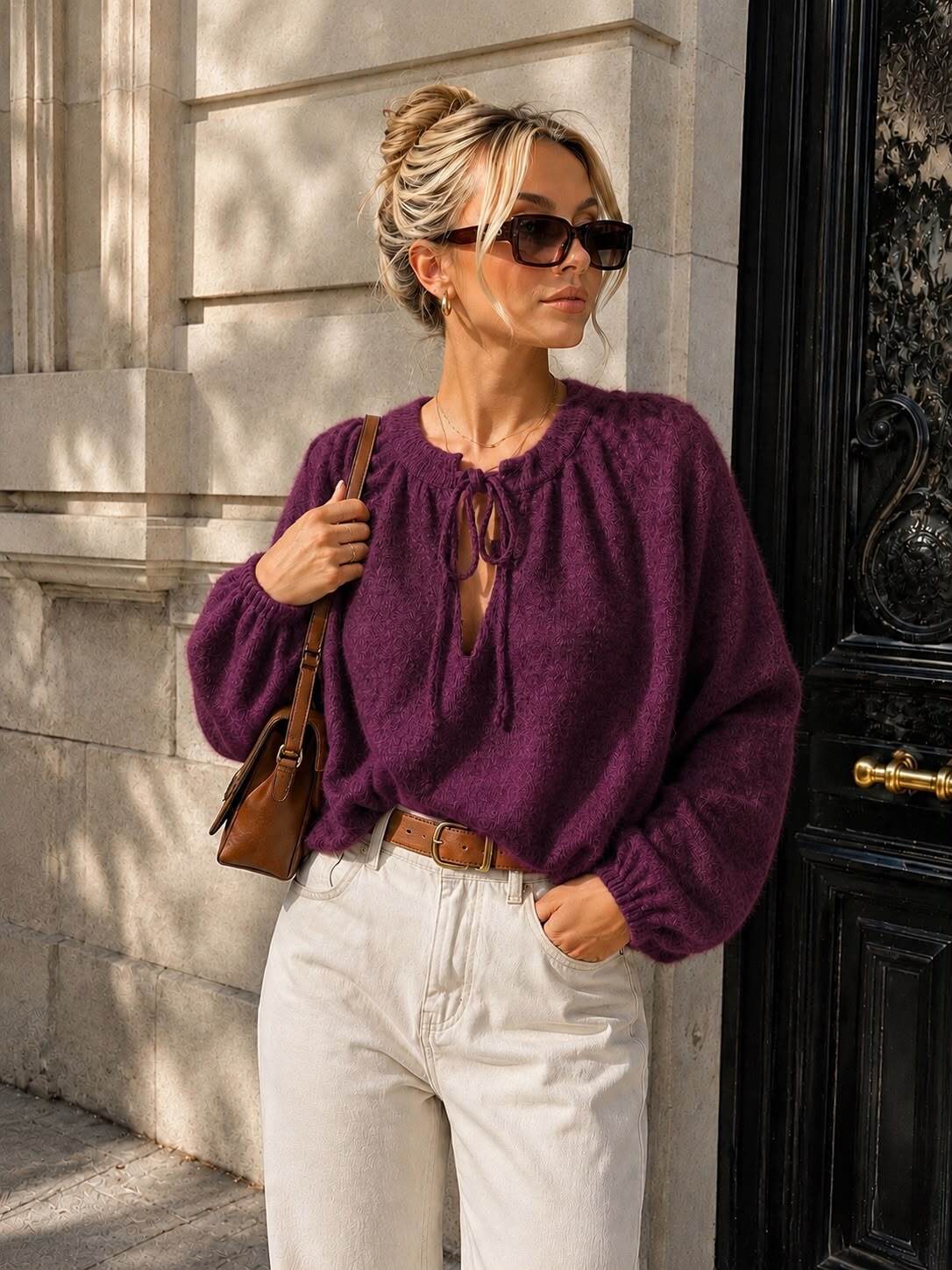 Großhändler Emma & Ashley design - Damen Oversize-Pullover mit gebundenem Kragen – Ballonärmel und strukturierte Strickware