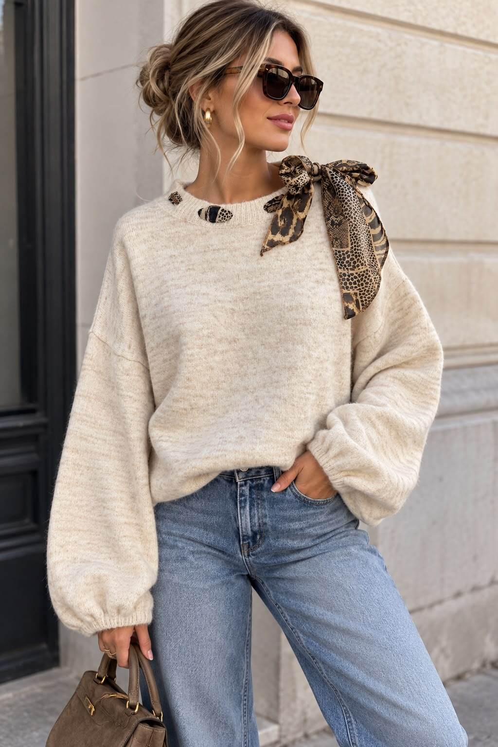 Wholesaler Emma & Ashley design - Women's Soft Knit Sweater with Balloon Sleeves and Leopard Print Bow – Buttoned Back