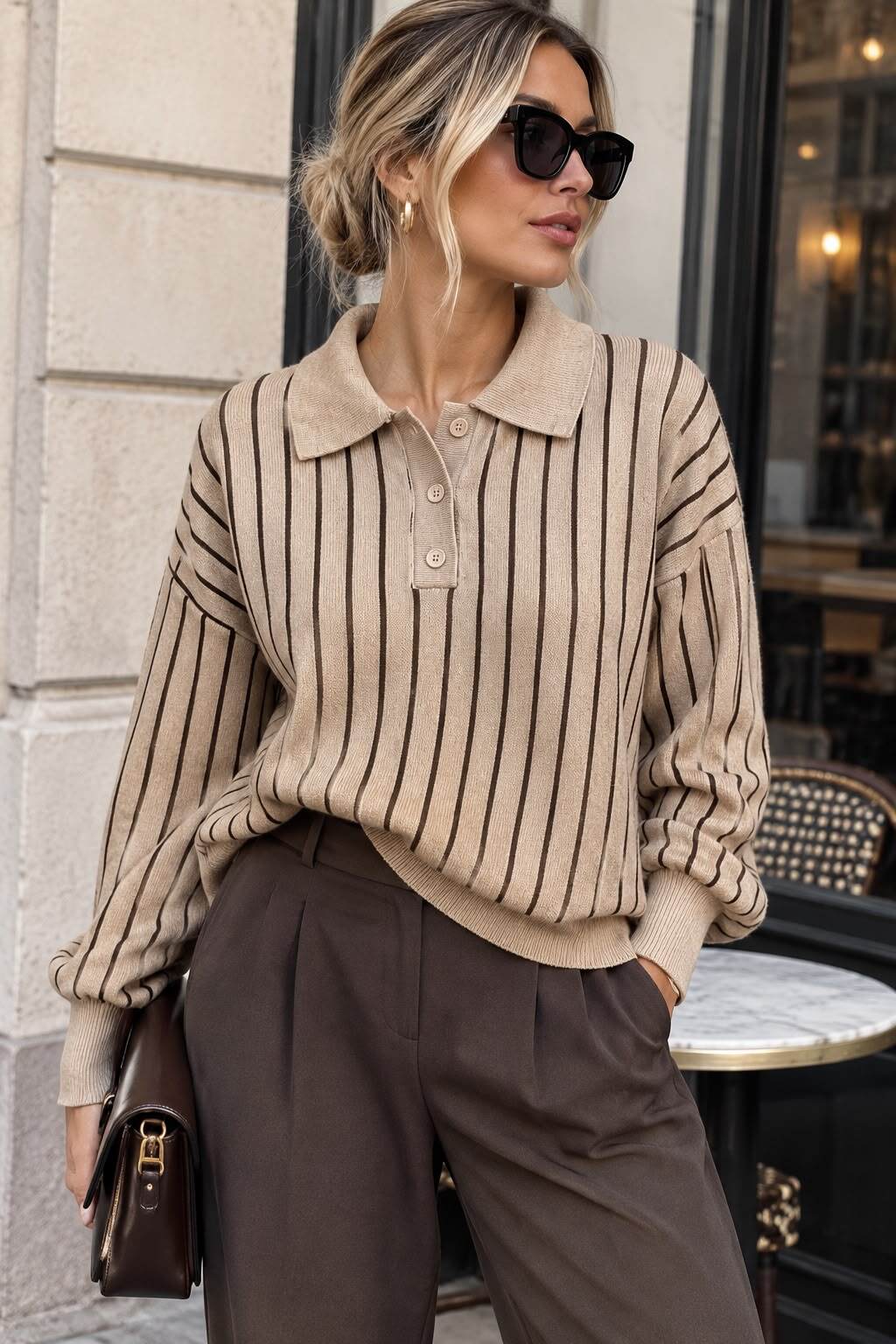 Grossiste Emma & Ashley design - Pull Polo Femme Rayé en Maille – Col Polo, Manches Longues & Coupe Décontractée