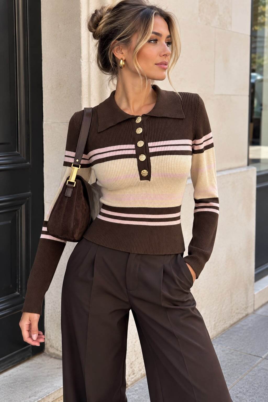 Grossiste Emma & Ashley design - Pull Polo Rayé en Maille Côtelée – Boutons Bijoux Dorés