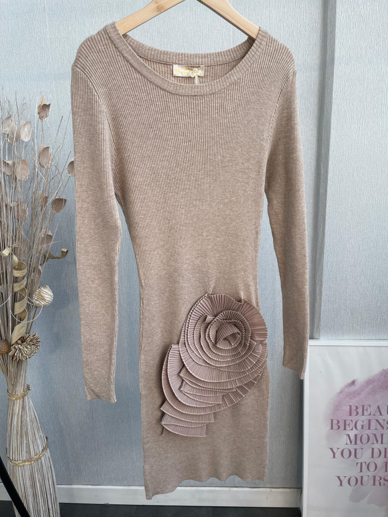 Wholesaler Emma & Ashley design - SWEATER DRESS WITH A CHIFFON FLOWER PLATED UNDER THE WAIST