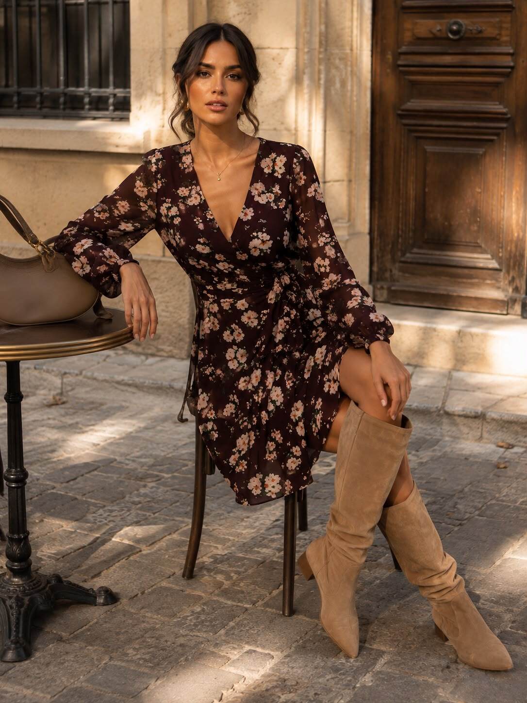 Großhändler Emma & Ashley design - Kurzes Wickelkleid mit Blumenmuster – Lange Ärmel & Gebundene Taille