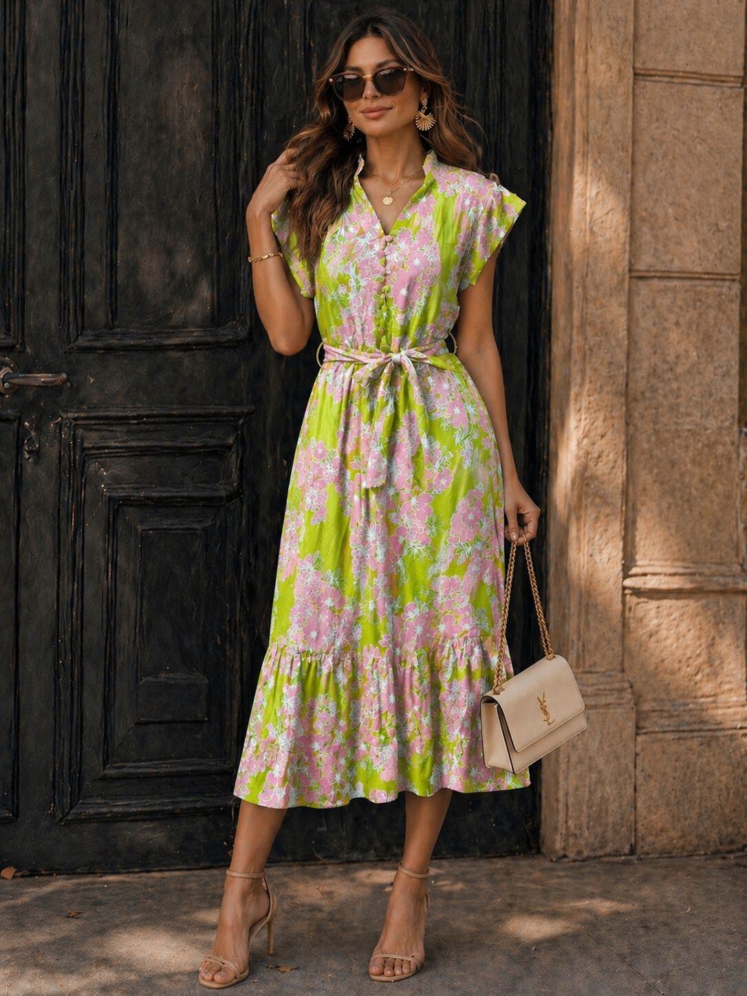 Grossiste Emma & Ashley design - Robe Longue Fleurie Femme Ceinturée Col V