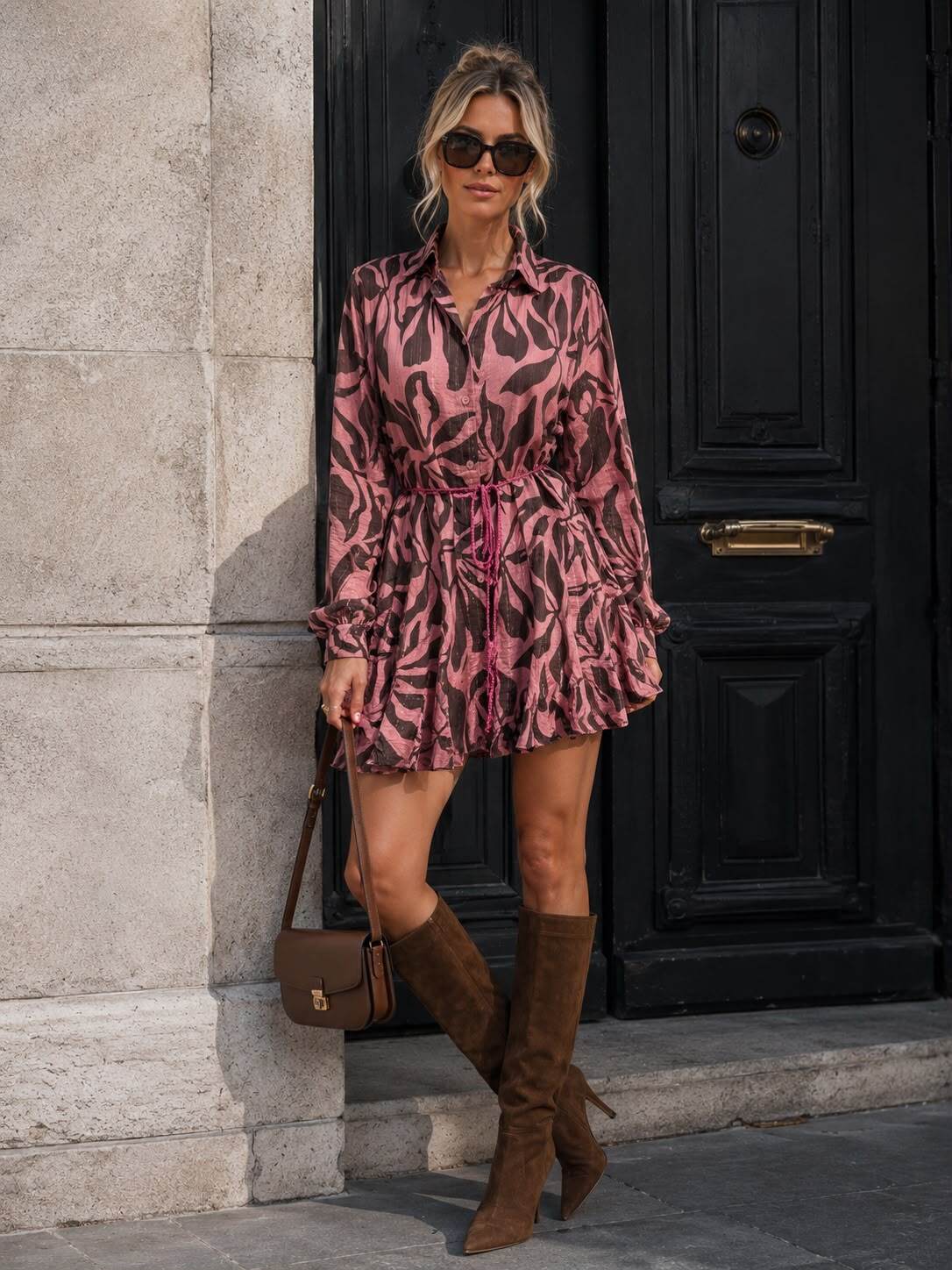 Großhändler Emma & Ashley design - Kurzes Damen-Hemdkleid mit Print – Ausgestellter Schnitt, Lange Ärmel & Schmuckketten-Gürtel zum Binden