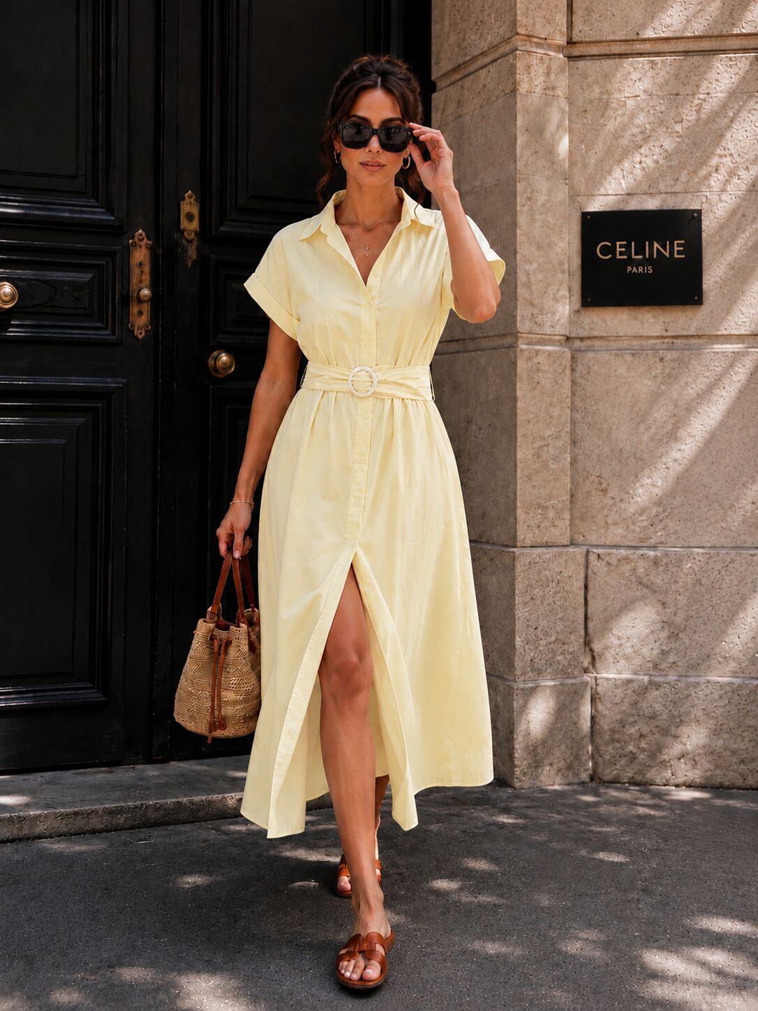 Wholesaler Emma & Ashley design - Women's Long Shirt Dress – Buckle Belt – Short Sleeves – Chic & Elegant Style