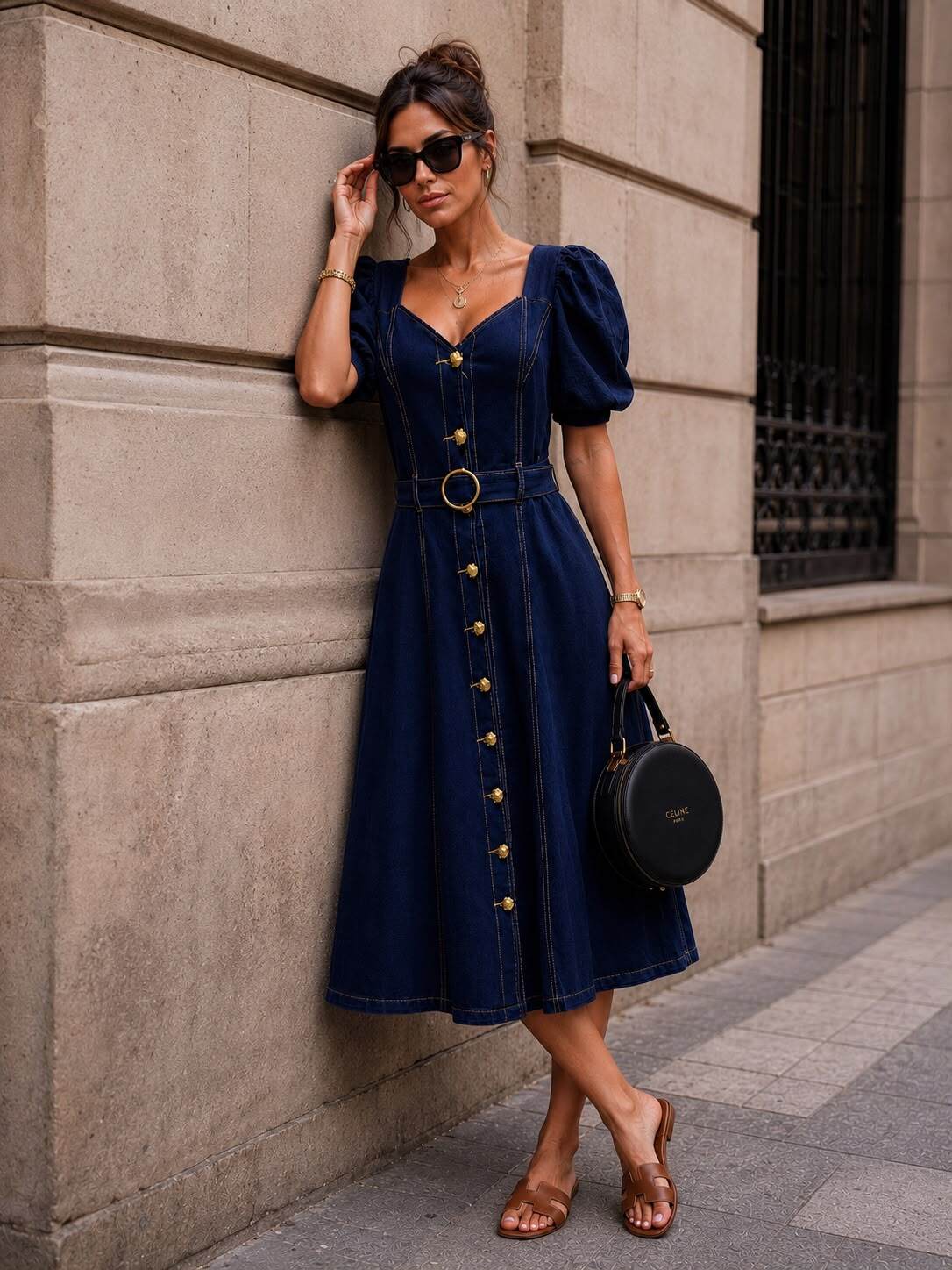 Grossiste Emma & Ashley design - Robe Femme en Jean Bleu Marine – Coupe Midi Cintrée | Manches Bouffantes | Boutons Dorés | Ceinture | Pré Automne-Hiver