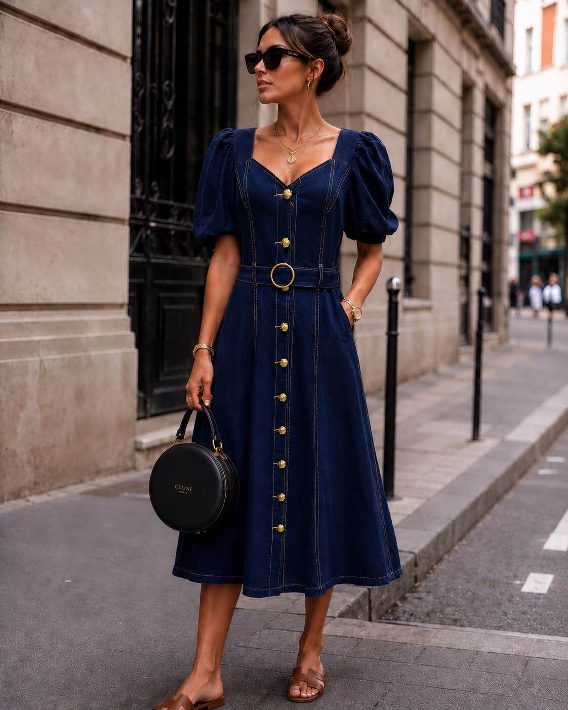 Mayorista Emma & Ashley design - Vestido Midi de Mujer en Denim – Mangas Abullonadas & Botones Dorados
