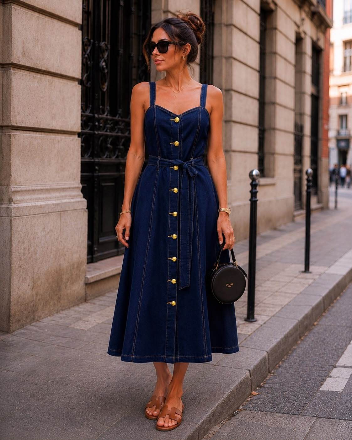 Mayorista Emma & Ashley design - Vestido Largo de Mujer en Denim – Botones Dorados y Cinturón para Atar
