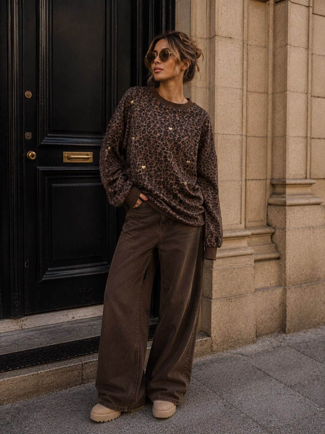 Grossiste Emma & Ashley design - Sweat Oversize Léopard à Bijoux Cœurs – Détails Dorés & Esprit Tendance