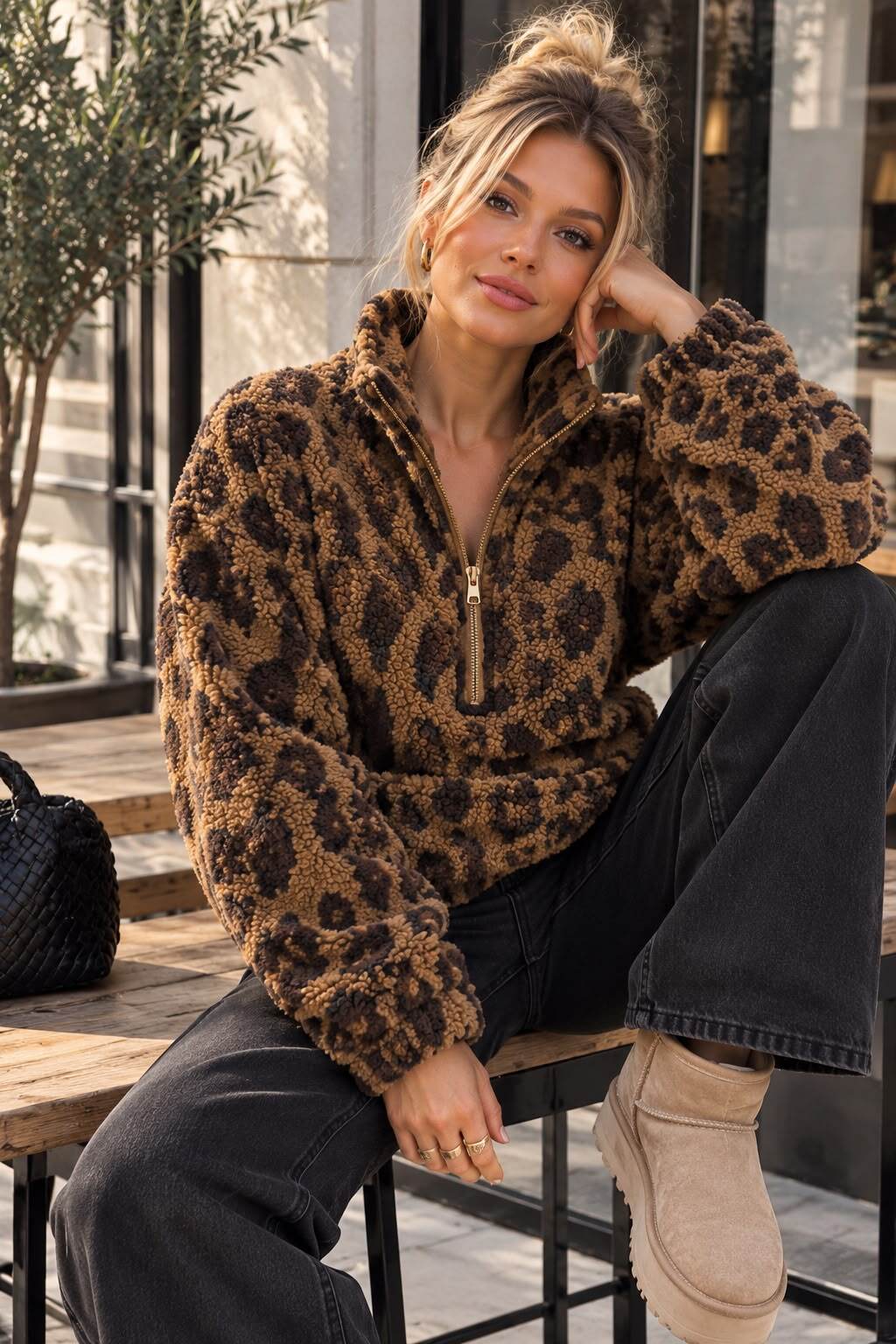 Großhändler Emma & Ashley design - Damen Fleece-Sweatshirt mit braunem Leopardenmuster und hohem Reißverschlusskragen – Oversized-Passform, weich und modisch