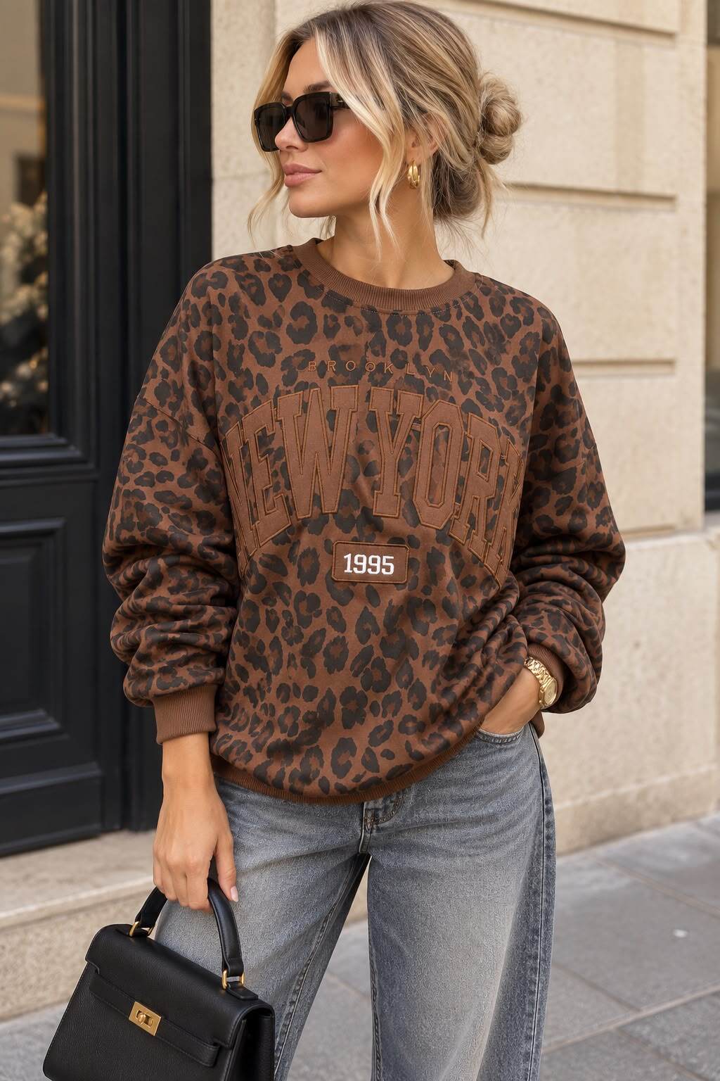 Grossiste Emma & Ashley design - Sweat Femme Léopard « New York 1995 » – Coupe Oversize & Esprit Vintage