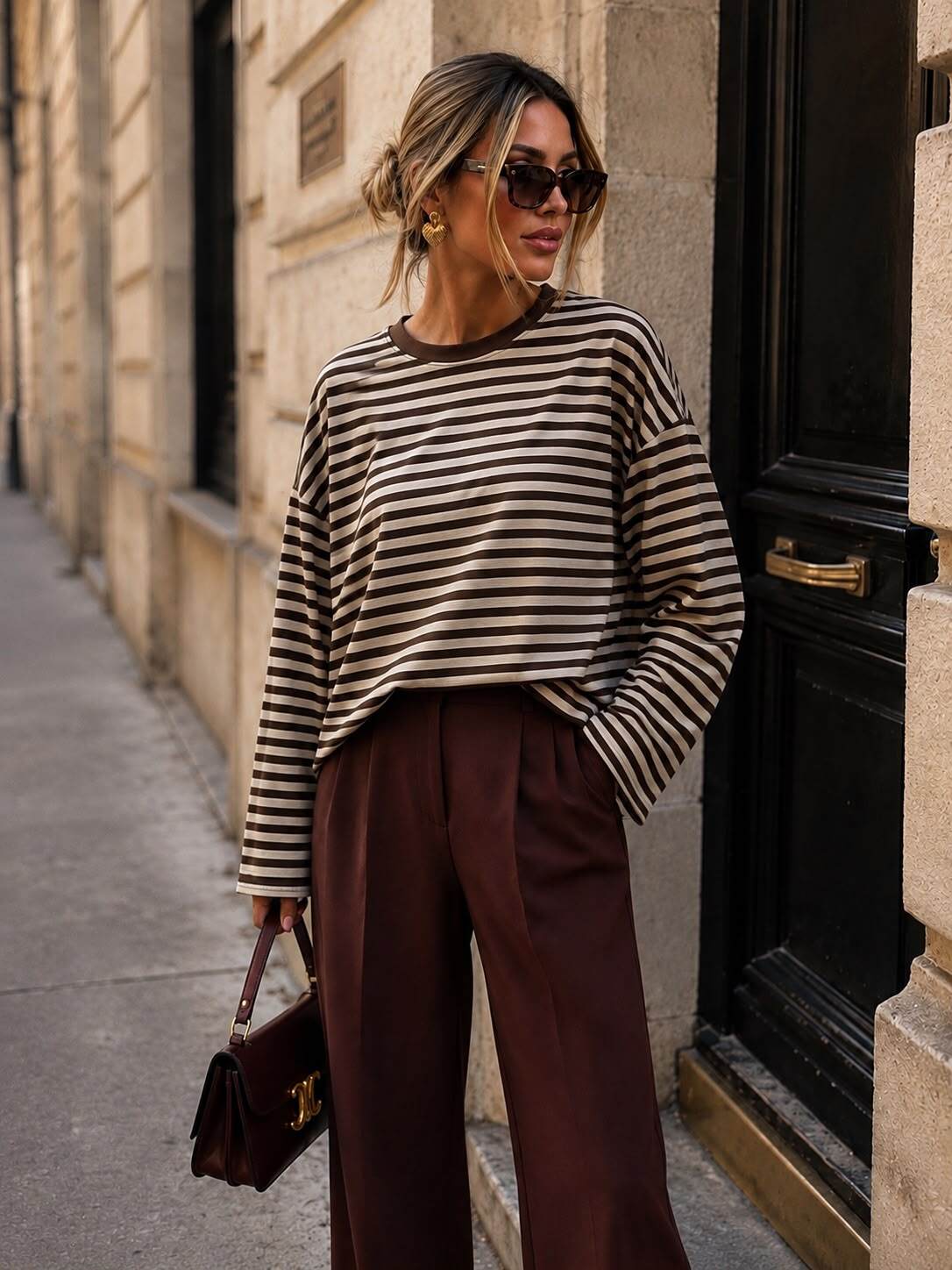 Grossiste Emma & Ashley design - T shirt Femme Oversize à Rayures – Manches Longues, Coupe Loose & Style Parisien Ultra-Tendance