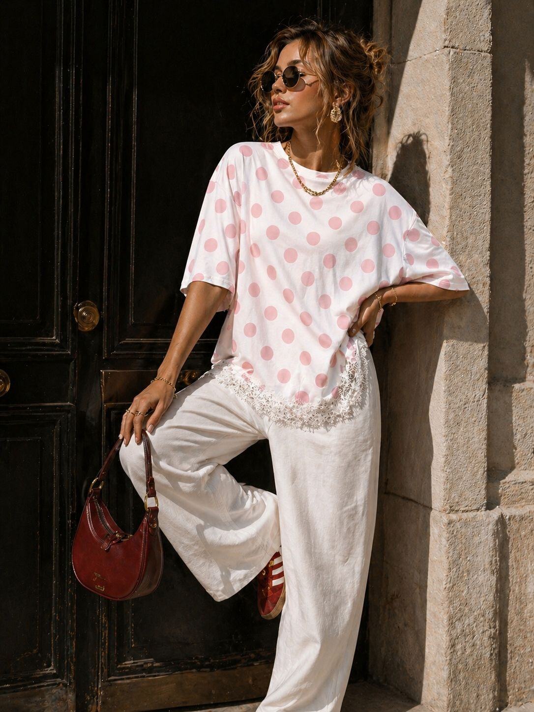 Mayorista Emma & Ashley design - Camiseta de Mujer de Lunares con Acabado de Encaje – Corte Oversize