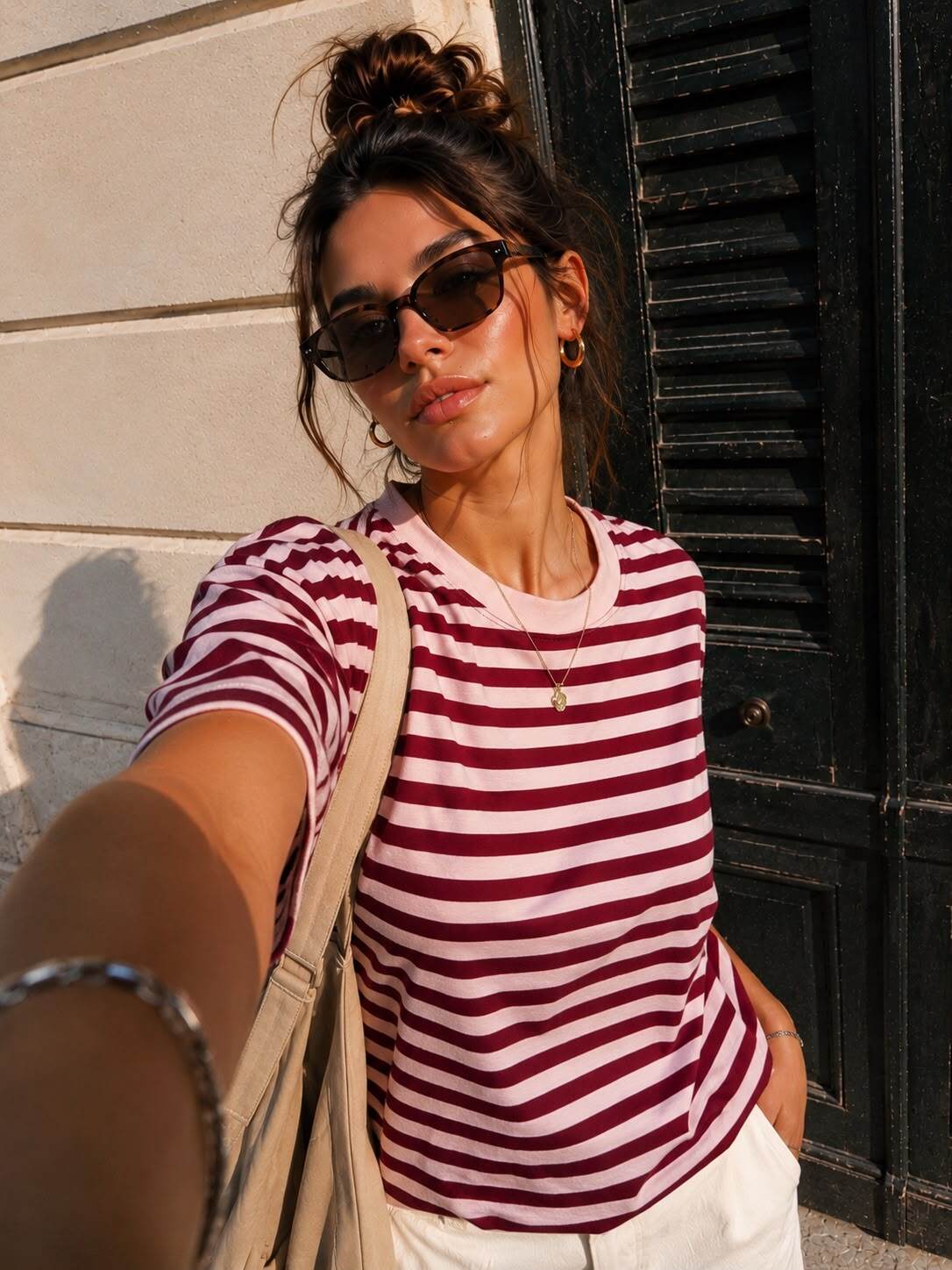 Grossista Emma & Ashley design - T-shirt Donna Oversize a Righe – Maniche Corte Pre Autunno-Inverno