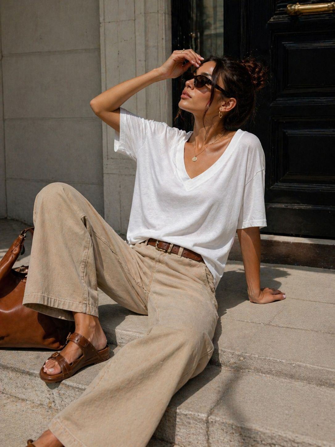 Grossiste Emma & Ashley design - T-shirt Oversize Col V à Manches Courtes Coupe Fluide