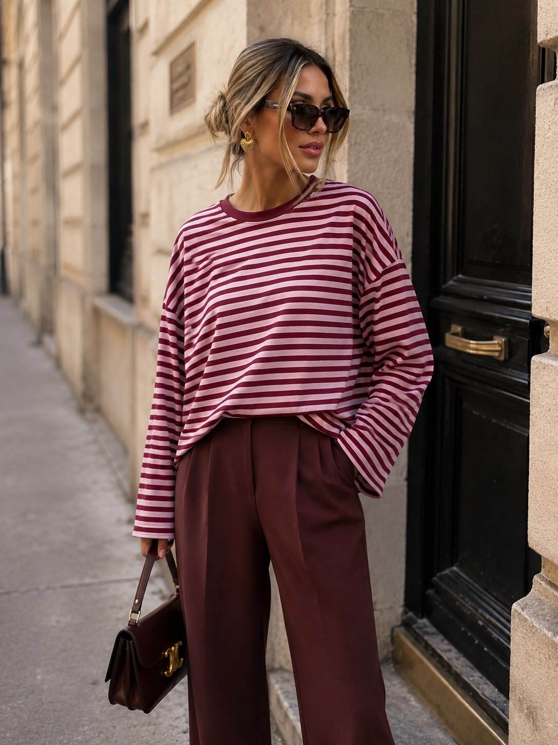 Grossiste Emma & Ashley design - T-shirt Oversize à Manches Longues Rayé – Col Rond – Coupe Ample Décontractée – Style Marinière Moderne Femme