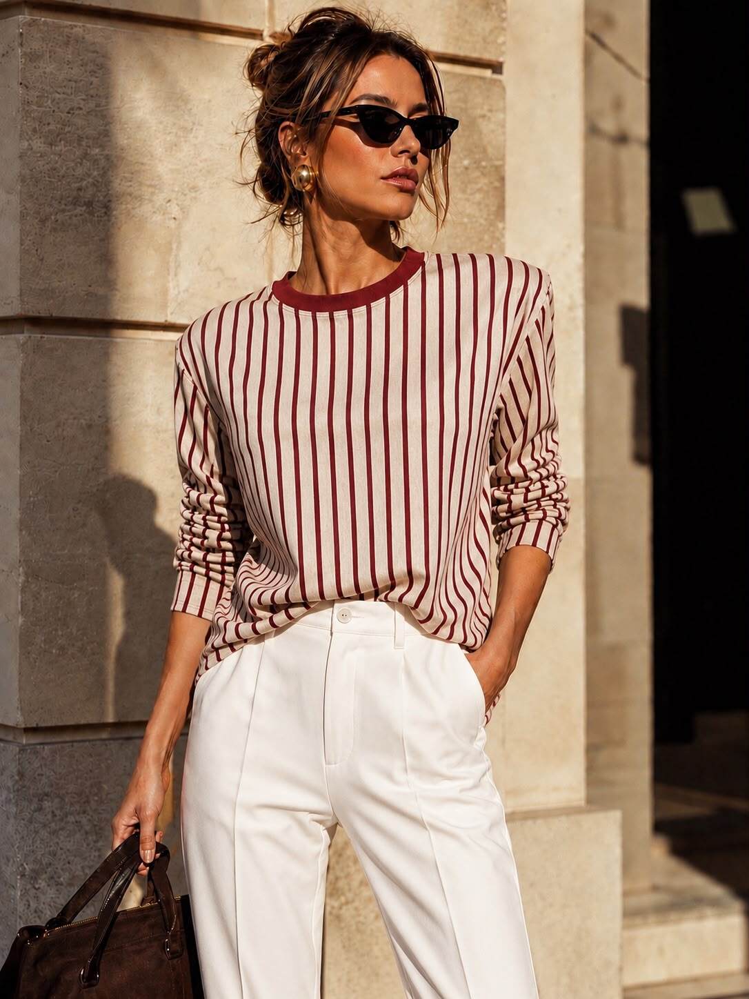 Mayorista Emma & Ashley design - Camiseta de Mujer a Rayas con Hombros Estructurados – Colección Pre Otoño Invierno