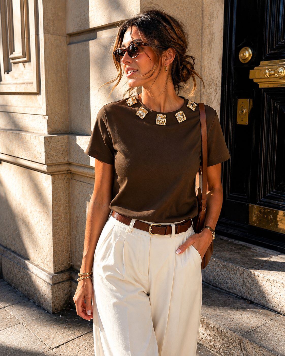 Grossiste Emma & Ashley design - T-shirt Uni Col Rond à Bijoux Dorés – Manches Courtes – Coupe Droite Élégante – Détails Bijoux Fantaisie Femme