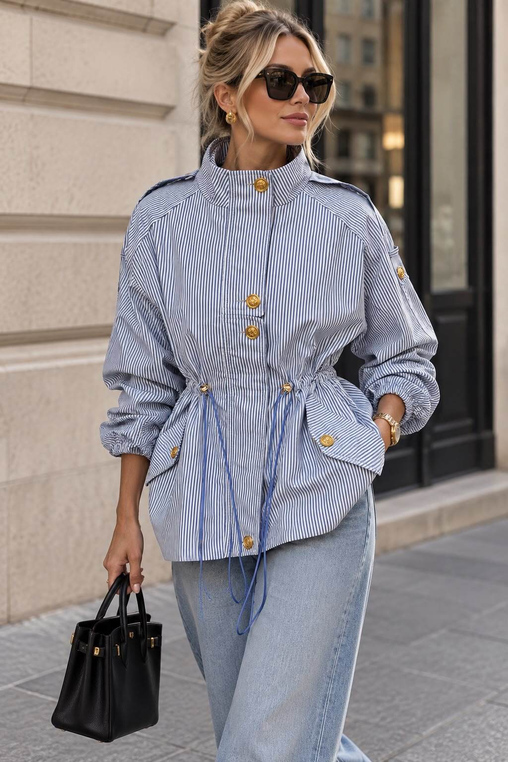 Großhändler Emma & Ashley design - Gestreifter Trenchcoat mit Verstellbarer Taille – Hoher Kragen & Schicke Ballonärmel