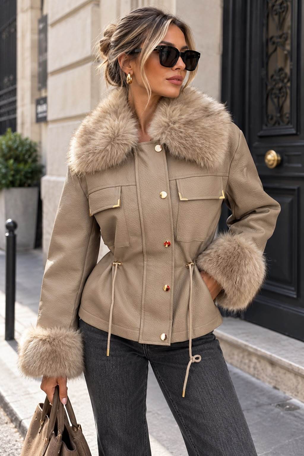 Grossiste Emma & Ashley design - Veste Femme Chic en Similicuir à Taille Ajustable, Col et Poignets en Fausse Fourrure – Détails Dorés