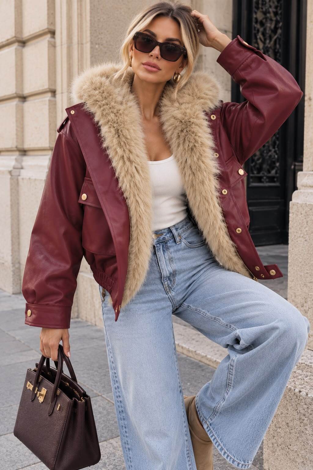 Grossiste Emma & Ashley design - Veste Femme Courte en Similicuir à Col Fourrure – Style Aviateur Chic et Tendance