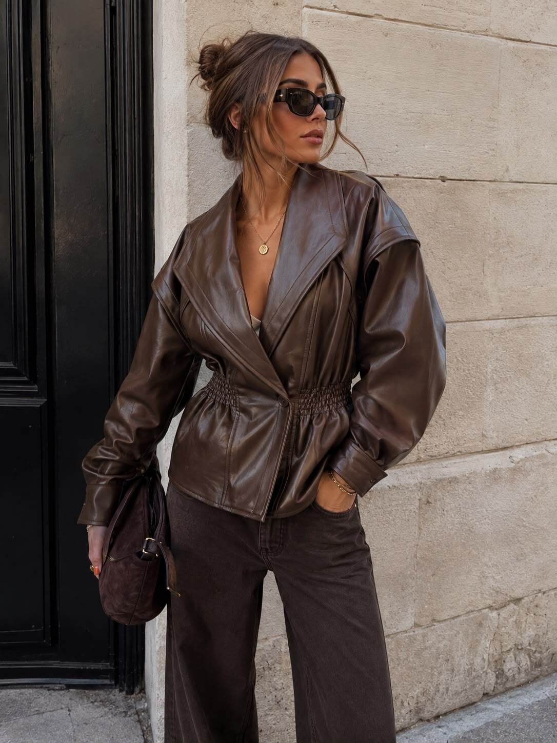 Wholesaler Emma & Ashley design - WOMEN'S FAUX LEATHER JACKET WITH SMOCKED WAIST – LARGE TAILORED COLLAR & STRUCTURED FIT