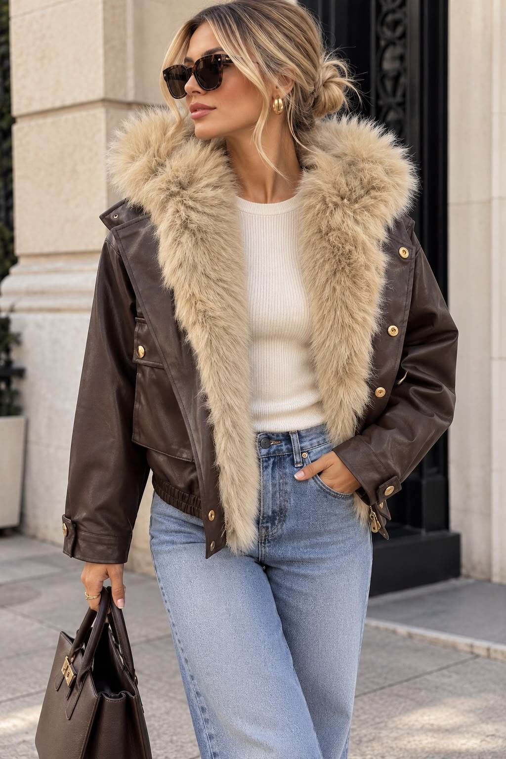 Grossiste Emma & Ashley design - Blouson Femme Effet Cuir à Capuche Fourrée – Coupe Bomber Chic
