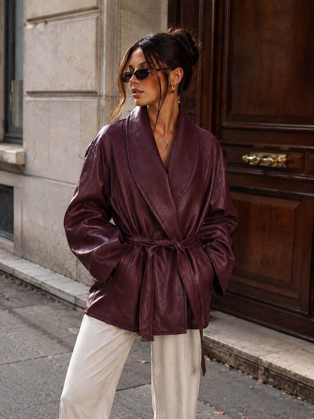Mayorista Emma & Ashley design - Chaqueta Estilo Kimono de Cuero Sintético – Cinturón para Atar & Corte Oversize
